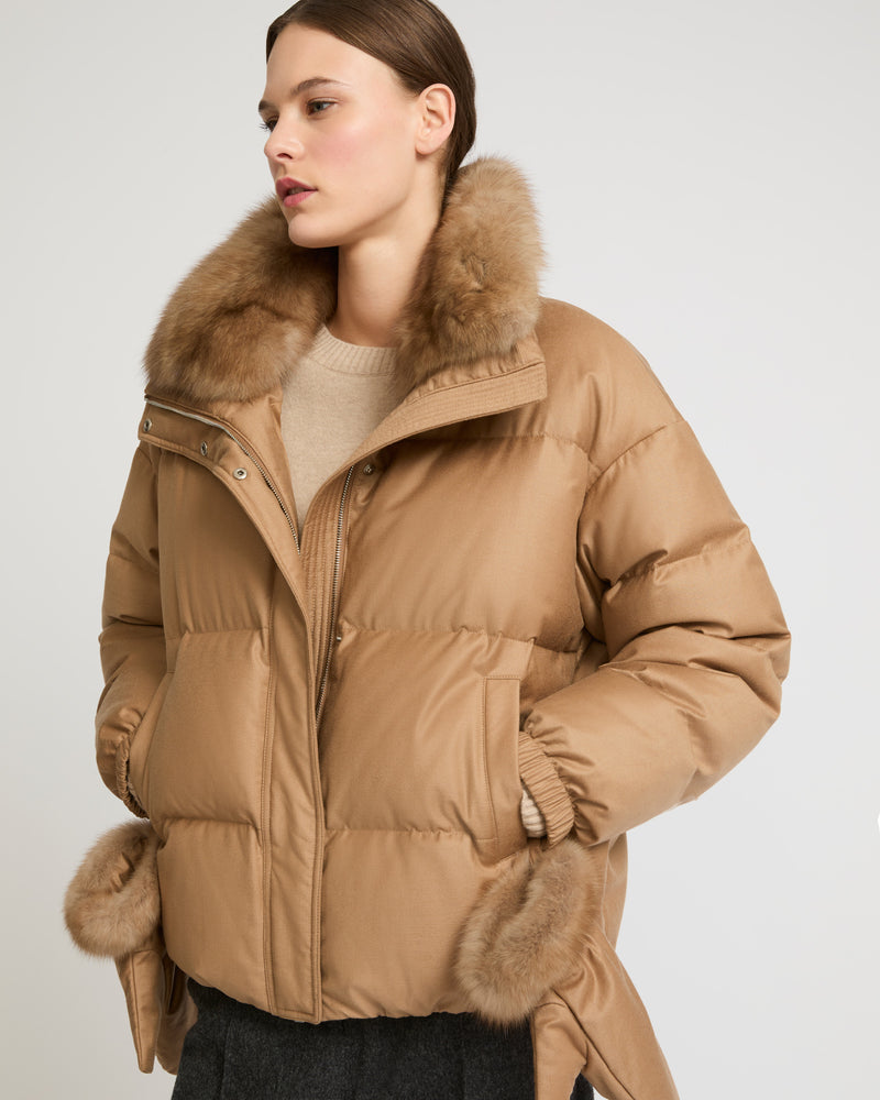 Short down jacket in Loro Piana flannel fabric with detachable sable collar - camel - Yves Salomon