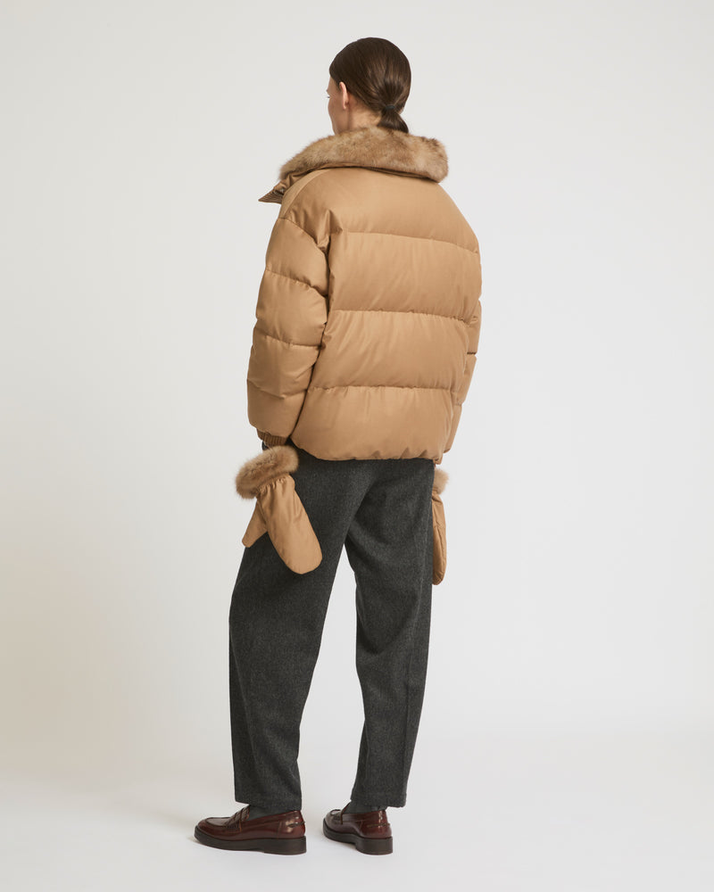 Short down jacket in Loro Piana flannel fabric with detachable sable collar - camel - Yves Salomon