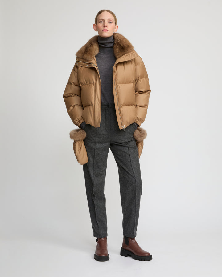 Short down jacket made with Loro Piana flannel and sable fur