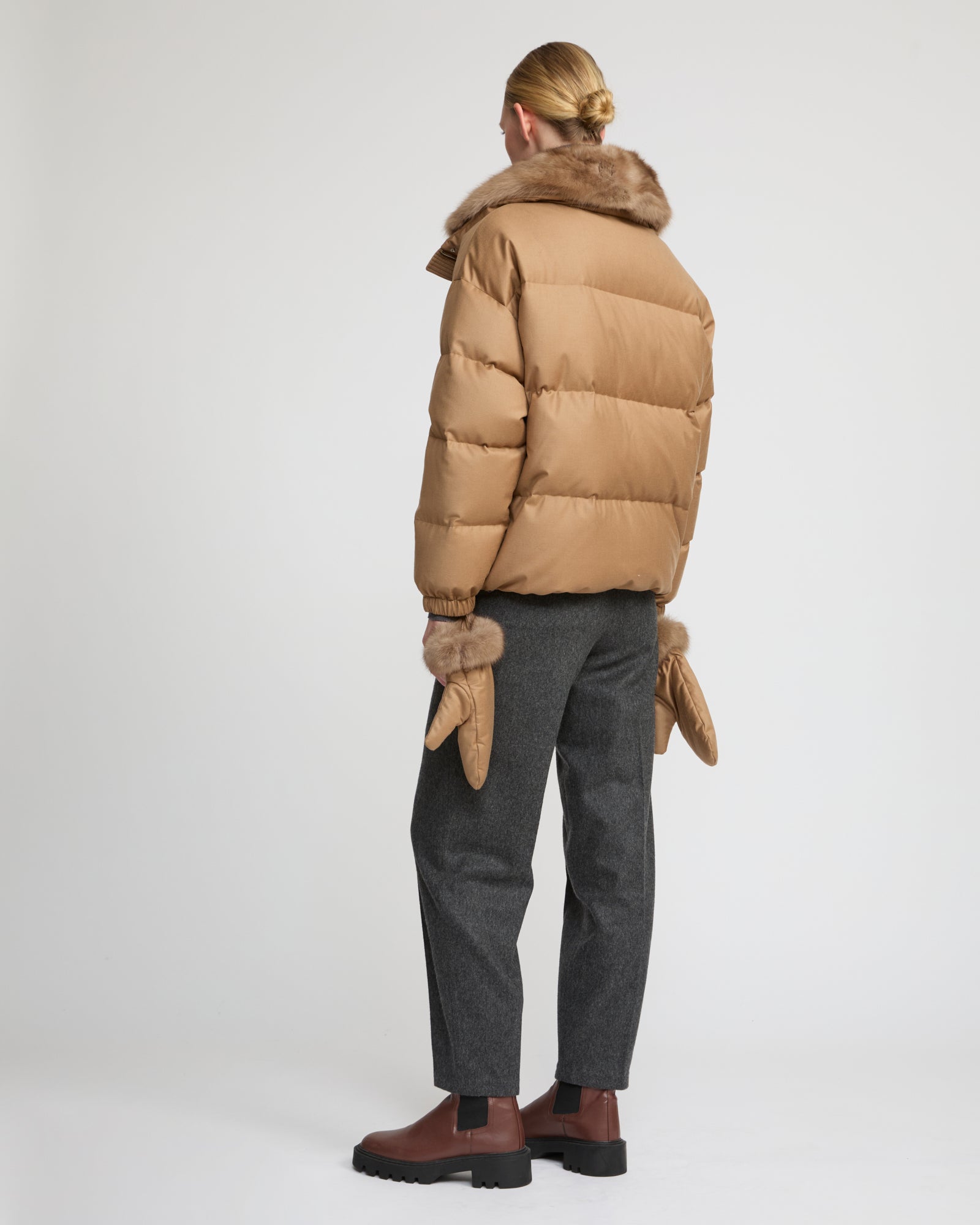 Short down jacket made with Loro Piana flannel and sable fur