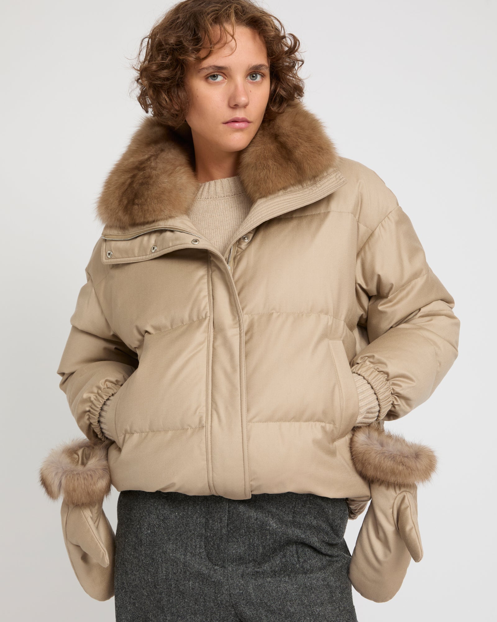 Short down jacket made with Loro Piana flannel and sable fur