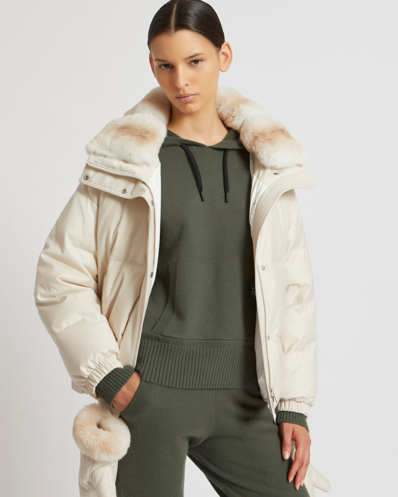 Short down jacket in waterproof flannel fabric with chinchilla fur - white - Yves Salomon