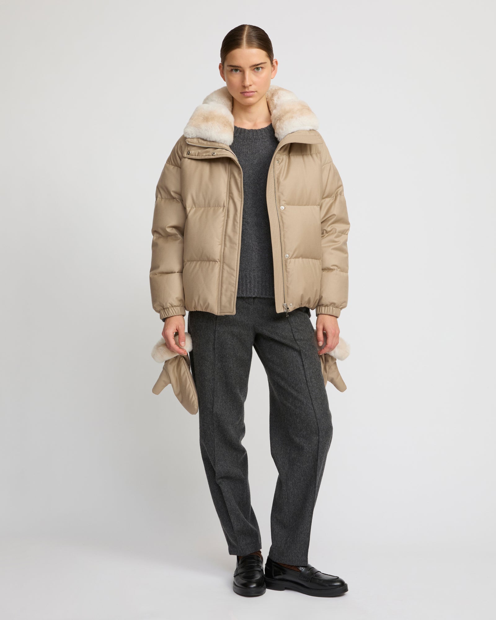 【イヴ サロモン】OVERSIZED DOWN JACKET (3WAY) down jacket with fox fur collar trim - grey - Yves Salomon