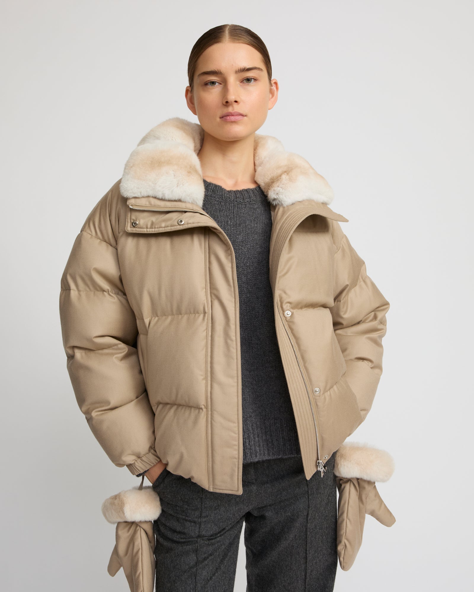 Short down jacket in waterproof flannel fabric with chinchilla fur - Yves Salomon