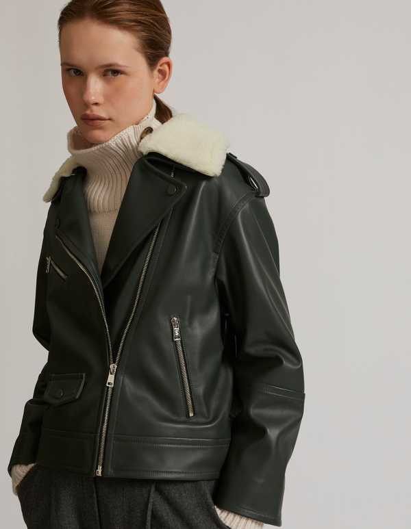 Oversized biker jacket in leather with merino shearling collar - khaki - Yves Salomon