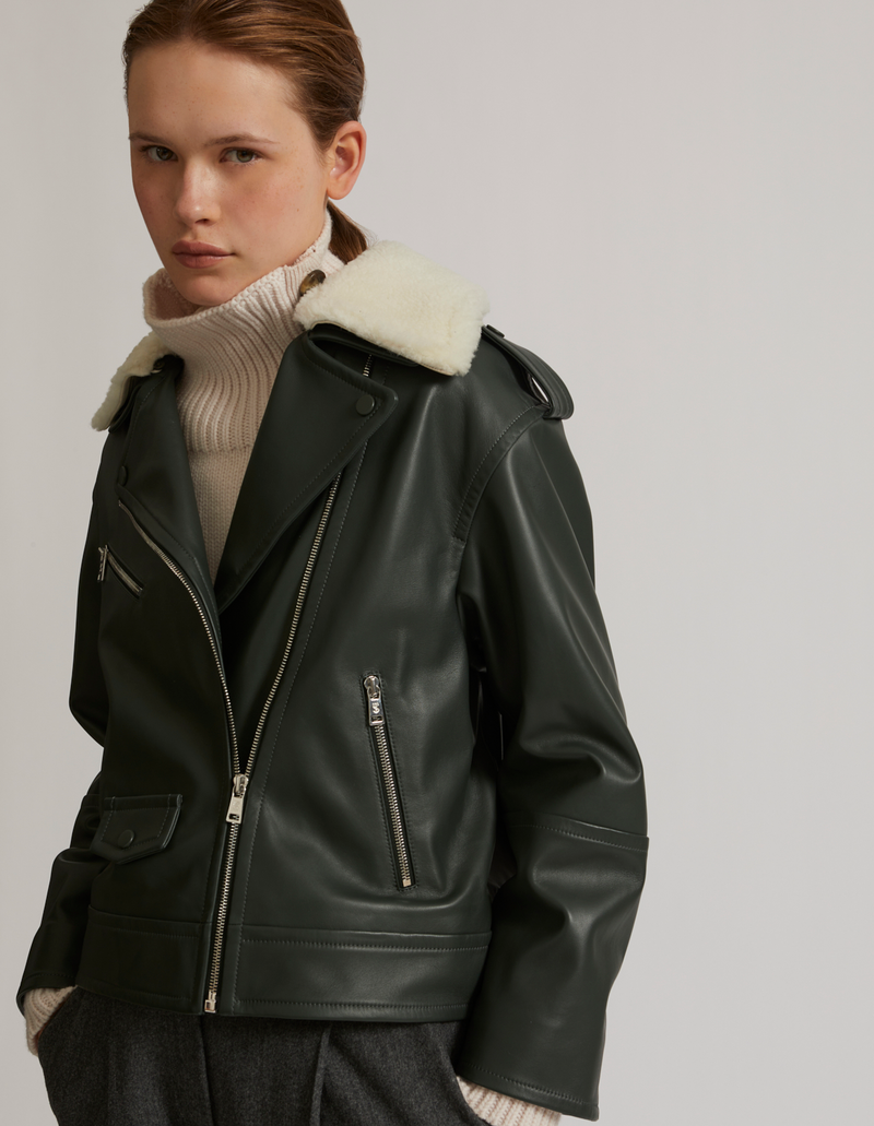 Oversized biker jacket in leather with merino shearling collar