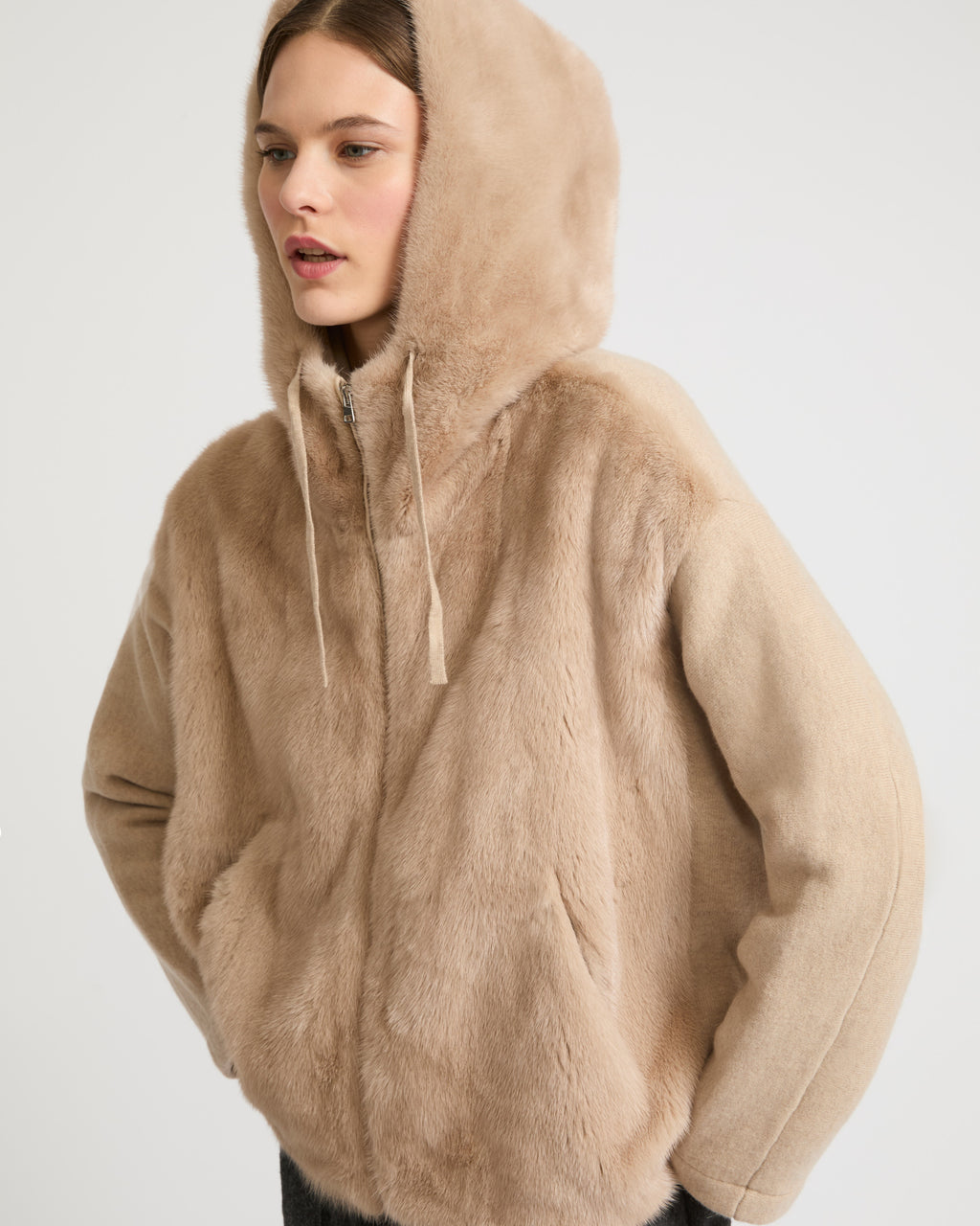 Hooded jacket in knit and mink fur - beige - Yves Salomon – Yves Salomon US