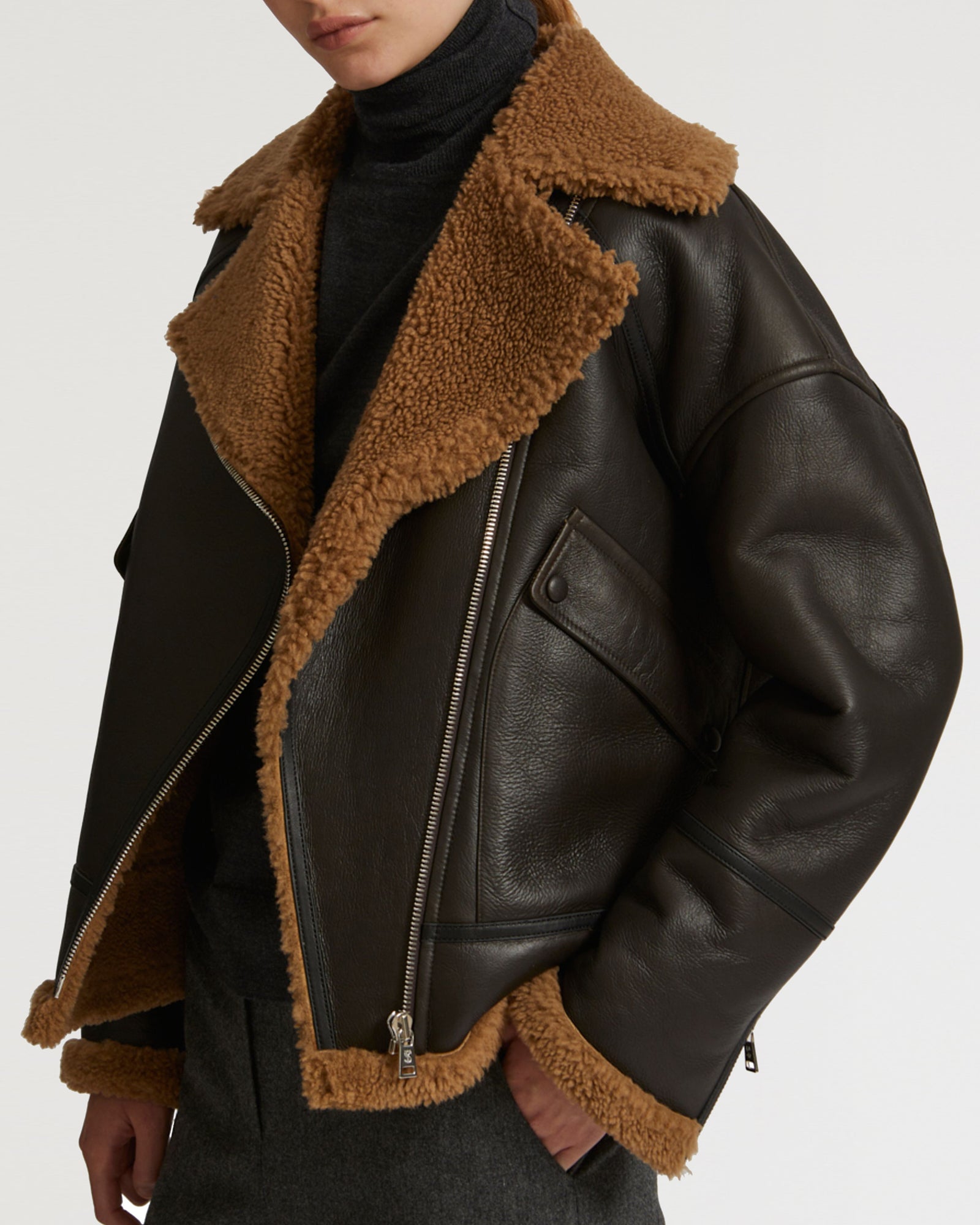 ジャケット YVES SALOMON Woman Jacket Brown 24WYV60060MEGO Merino biker jacket - brown - Yves Salomon – Yves Salomon US