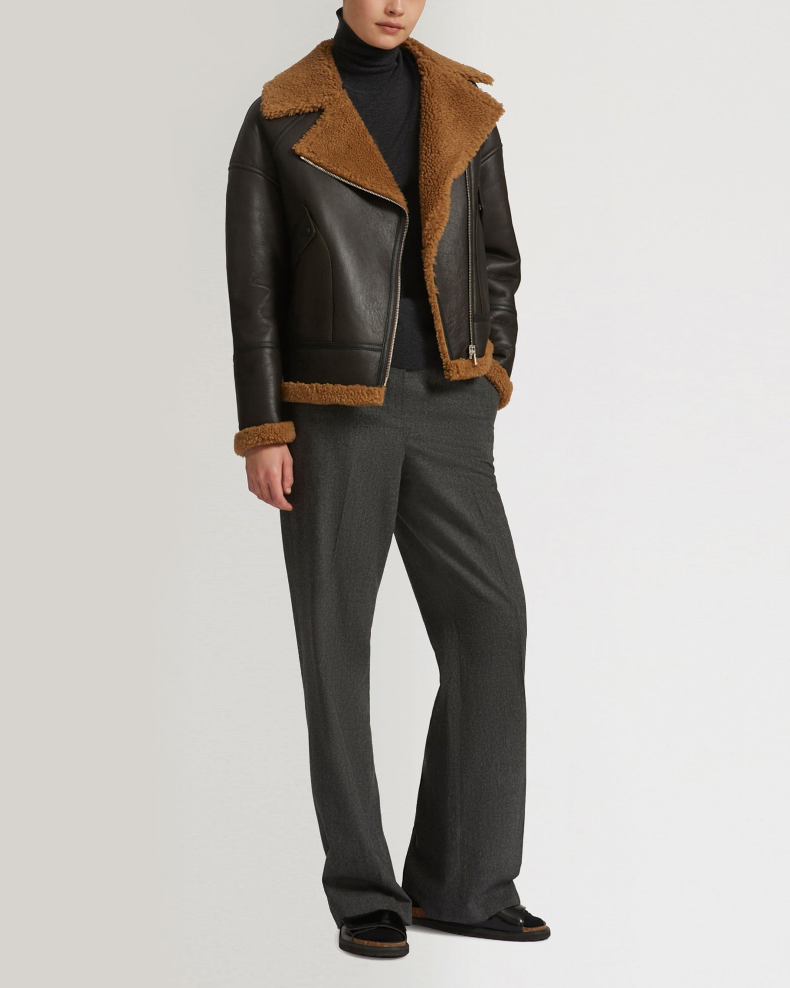 ジャケット YVES SALOMON Woman Jacket Brown 24WYV60060MEGO Merino biker jacket - brown - Yves Salomon – Yves Salomon US