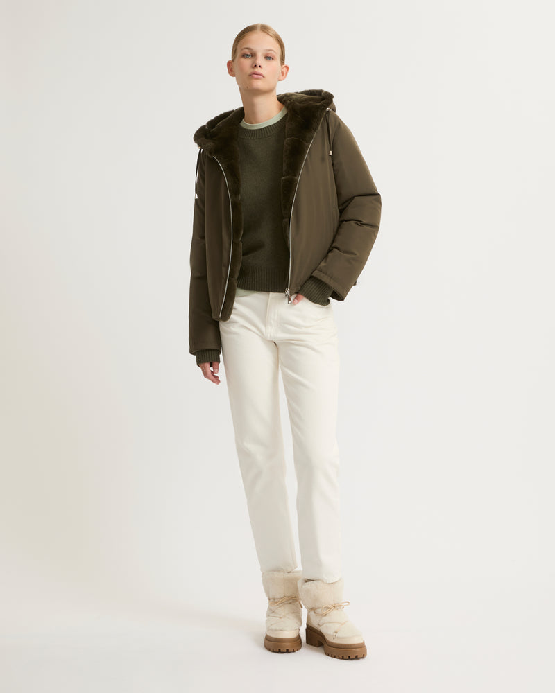 Short reversible parka in fabric and rex rabbit fur - khaki - Yves Salomon