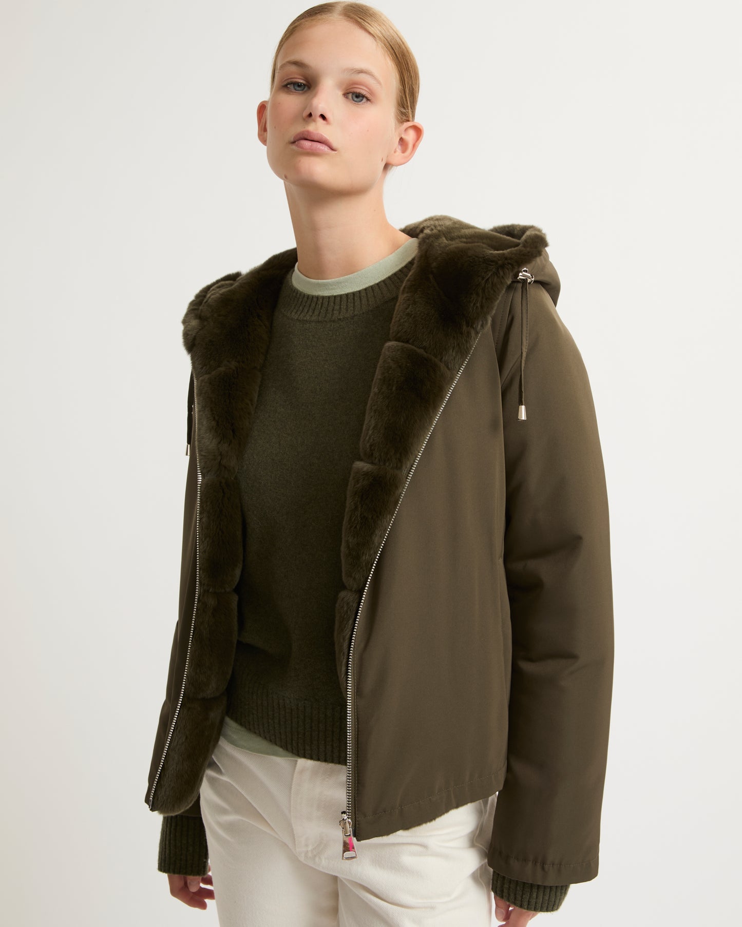Winter sale & boxing day Yves Salomon -Short reversible parka in fabric and rex rabbit fur