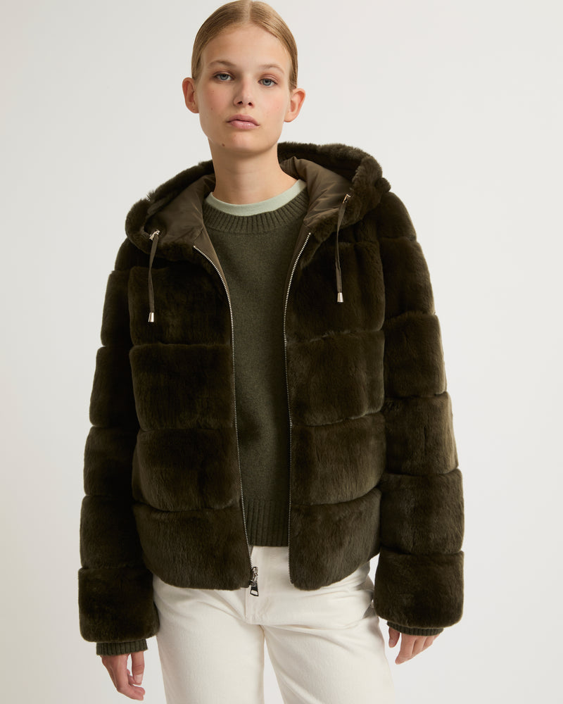 Short reversible parka in fabric and rex rabbit fur - khaki - Yves Salomon