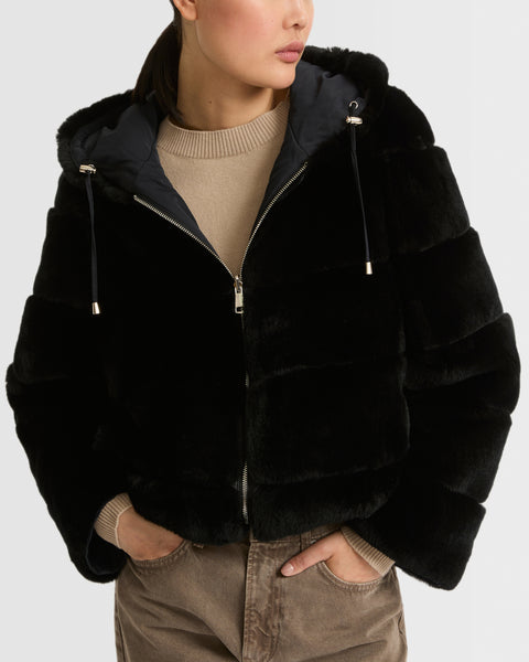 Short reversible parka in fabric and rex rabbit fur - black