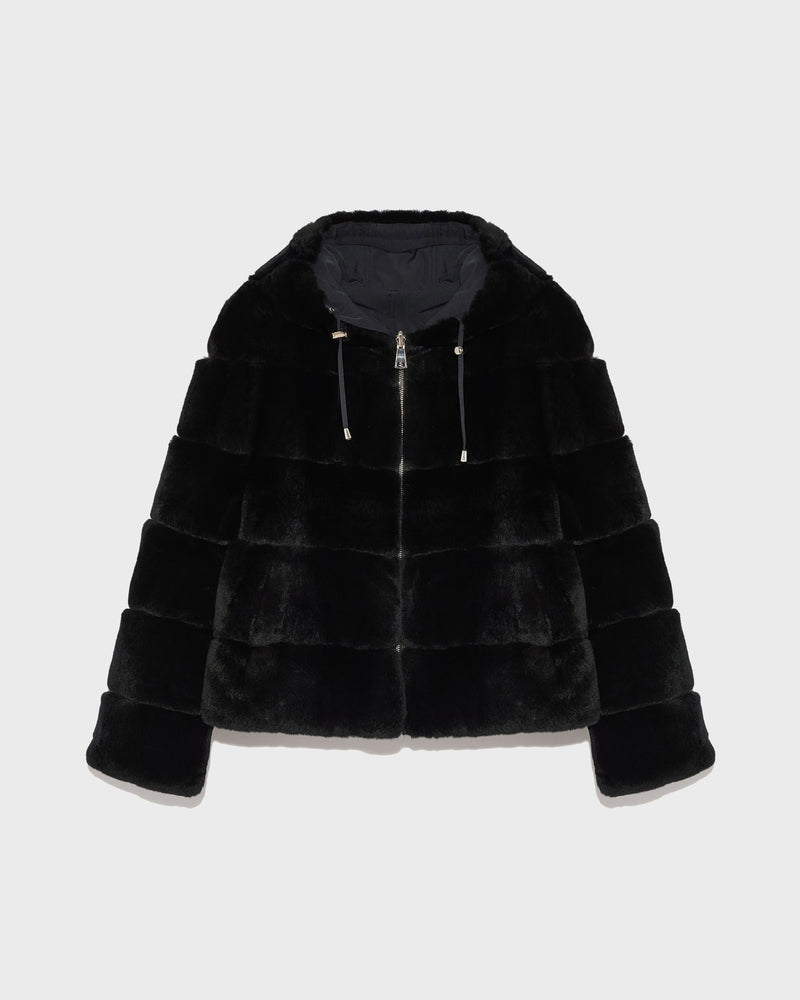 Short reversible parka in fabric and rex rabbit fur - black - Yves Salomon