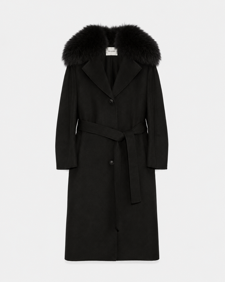 Black Friday - Yves Salomon - Belted coat in cashmere wool with fox fur collar - black