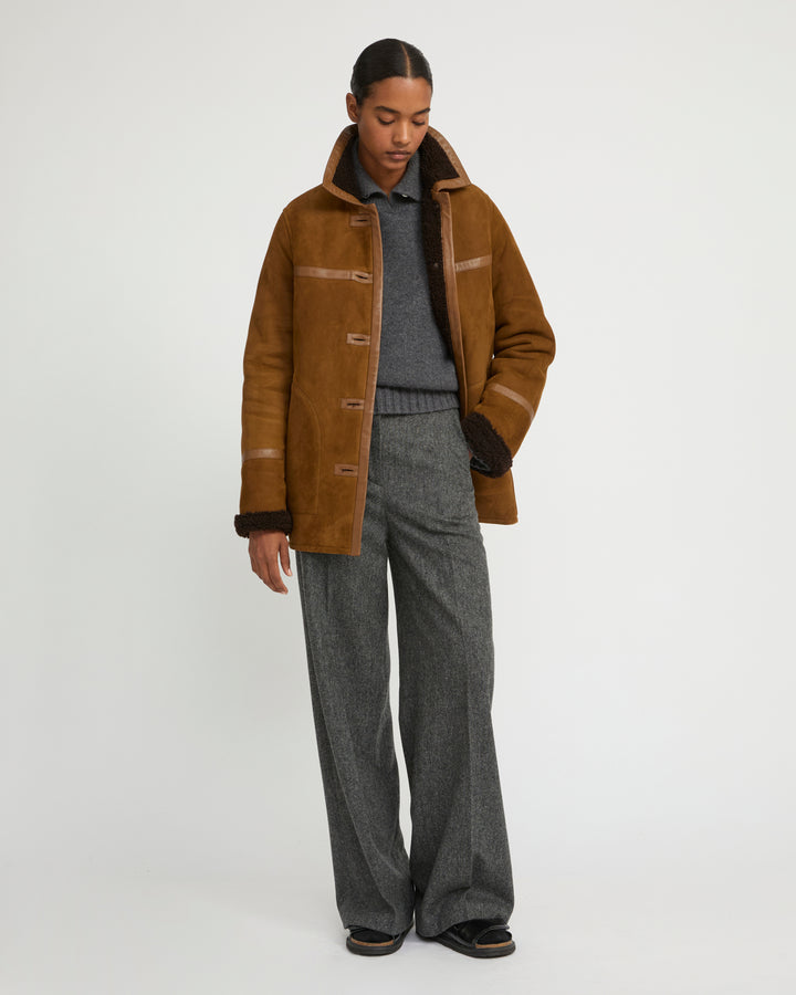 Fur-lined coat in suede Merino lambskin