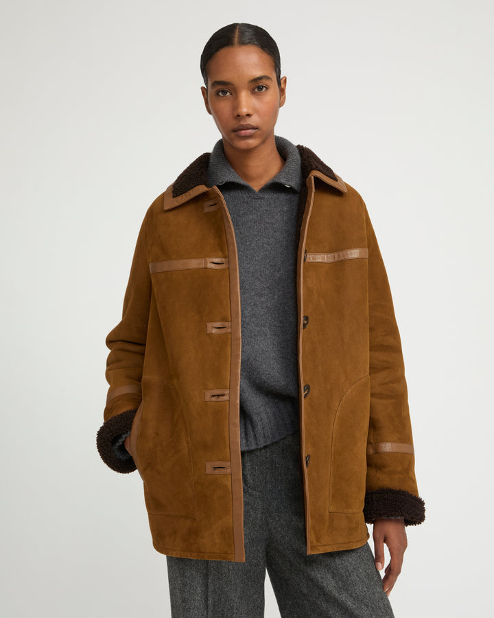 Fur-lined coat in suede Merino lambskin