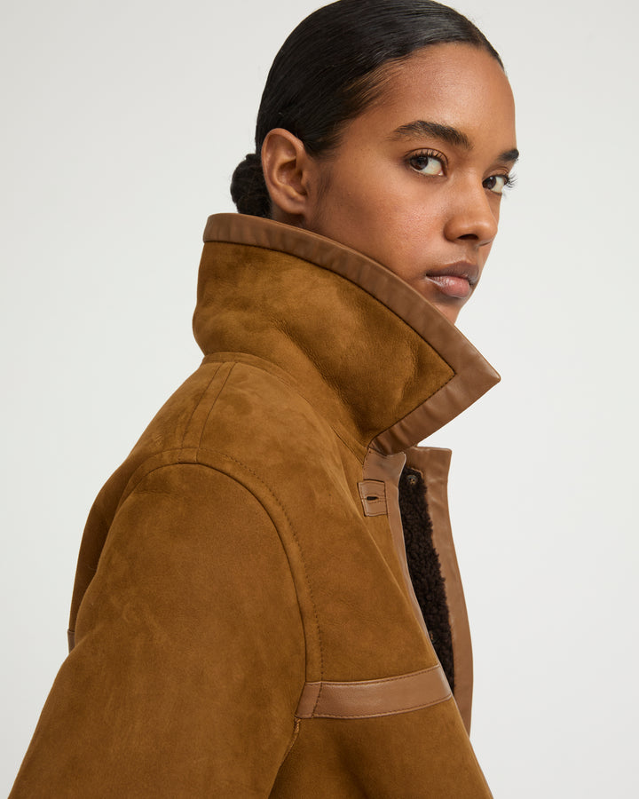 Fur-lined coat in suede Merino lambskin