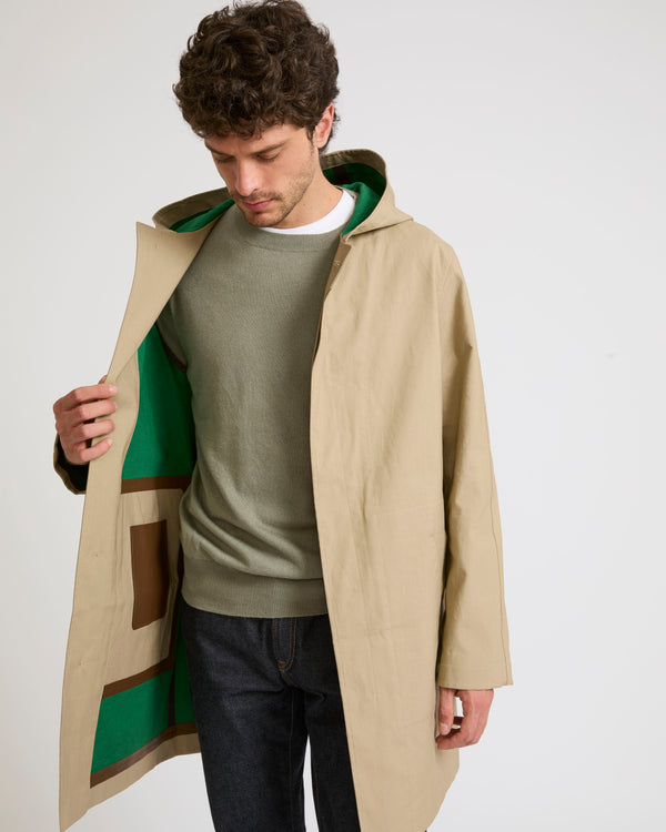 Hooded coat in double-sided cotton with leather details