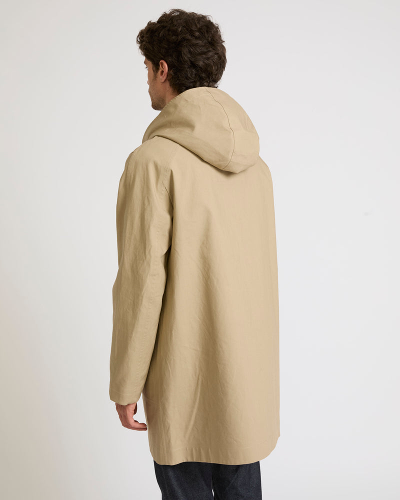 Hooded coat in double-sided cotton with leather details