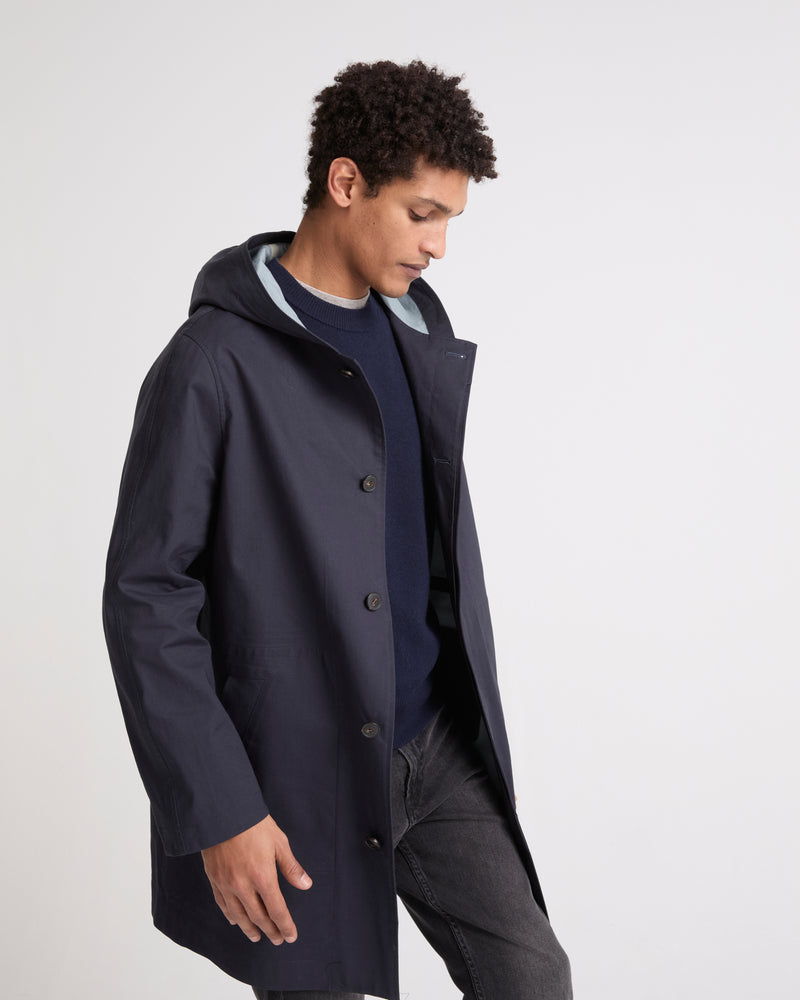 Hooded coat in double-sided cotton with leather details - navy - Yves Salomon