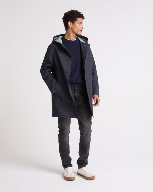 Hooded coat in double-sided cotton with leather details