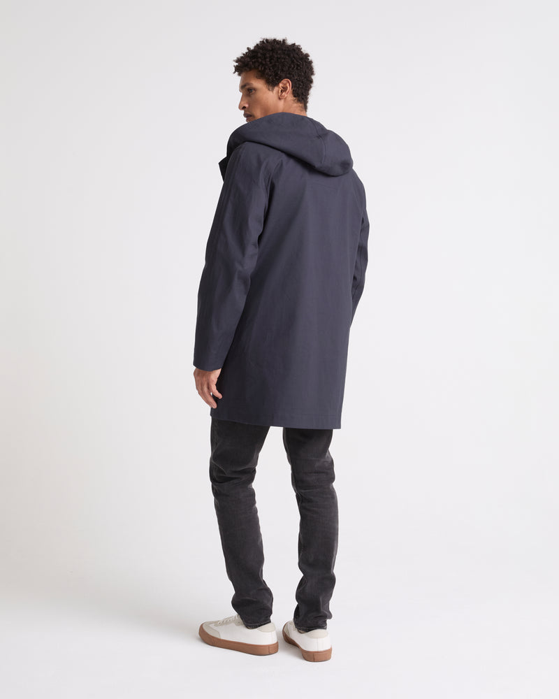 Hooded coat in double-sided cotton with leather details