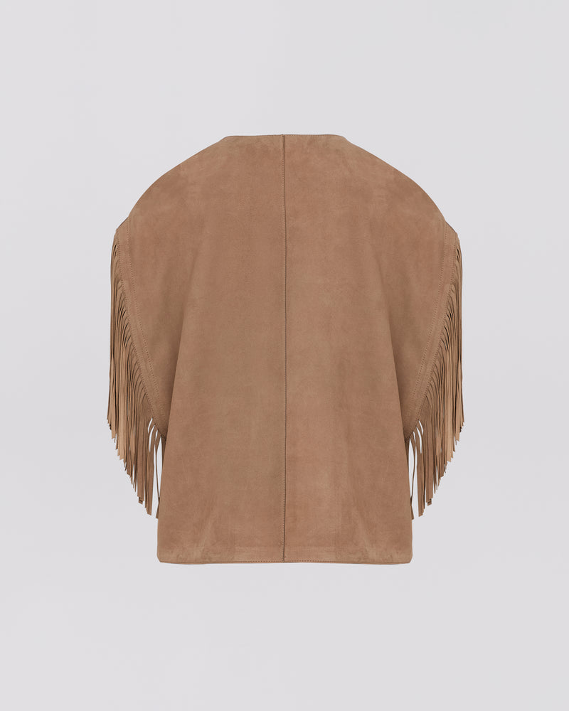 Short fringed cape in double-sided velour lamb leather