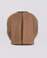 Short fringed cape in double-sided velour lamb leather