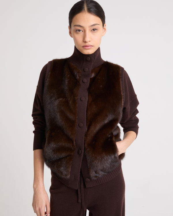 Short knitted gilet in merino and mink - brown - Yves Salomon