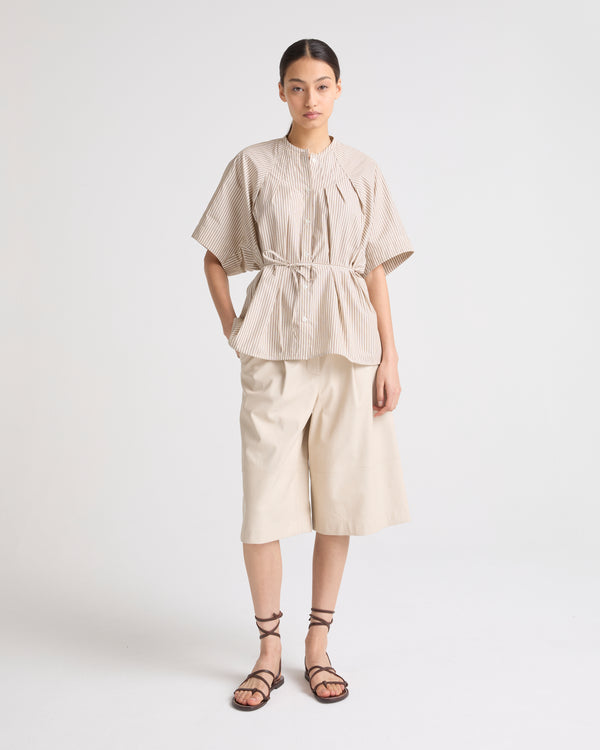 Pleated shirt in striped cotton poplin - brown stripes - Yves Salomon