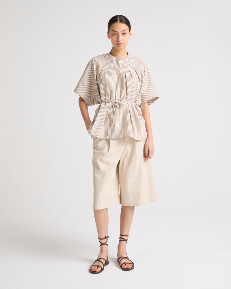 Pleated shirt in striped cotton poplin - brown stripes - Yves Salomon