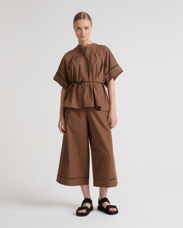 Cotton poplin palazzo trousers with leather inserts - brown - Yves Salomon