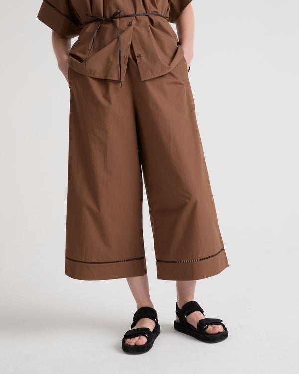 Cotton poplin palazzo trousers with leather inserts