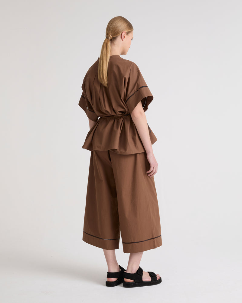 Cotton poplin palazzo trousers with leather inserts