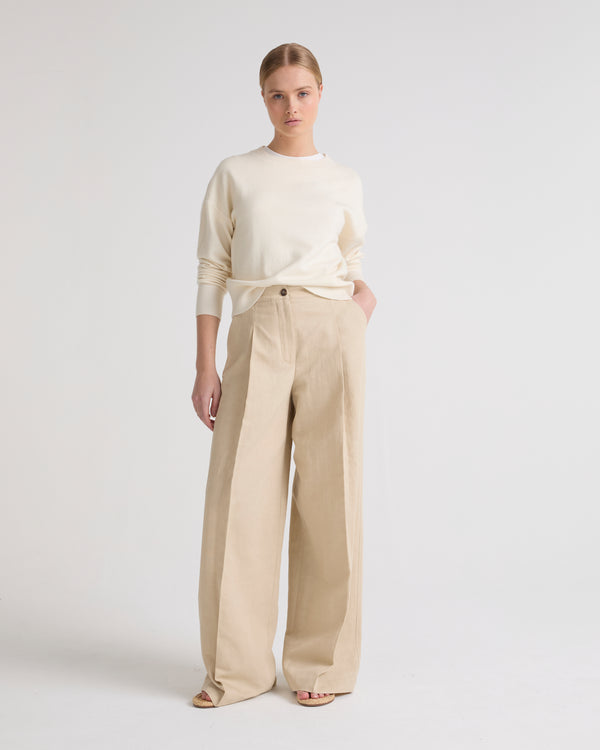 Pleated trousers in cotton-linen fabric - beige - Yves Salomon