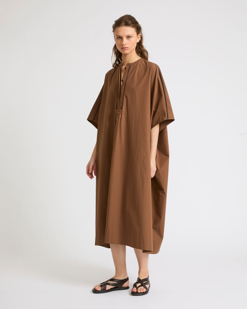 Cotton poplin kaftan dress with leather inserts