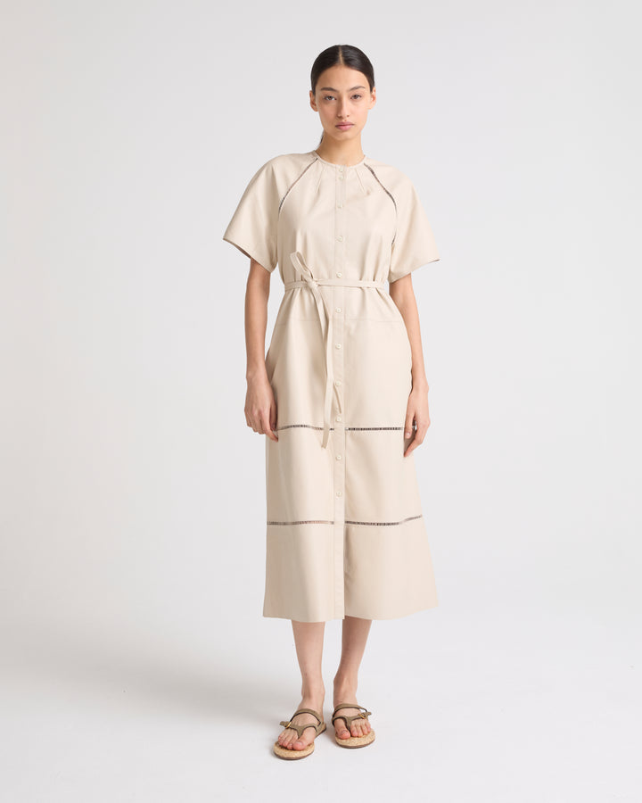 Lamb leather belted dress with ladder stitch