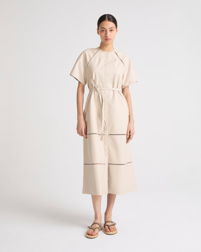 Lamb leather belted dress with ladder stitch