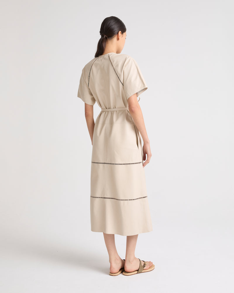 Lamb leather belted dress with ladder stitch