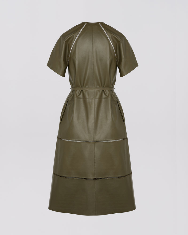 Lamb leather belted dress with ladder stitch