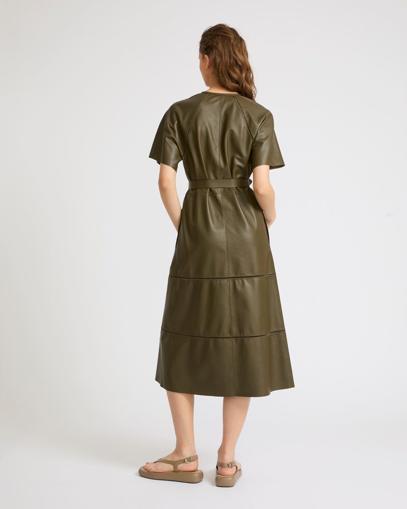 Lamb leather belted dress with ladder stitch