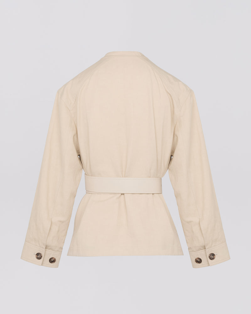 Belted jacket in cotton-linen fabric