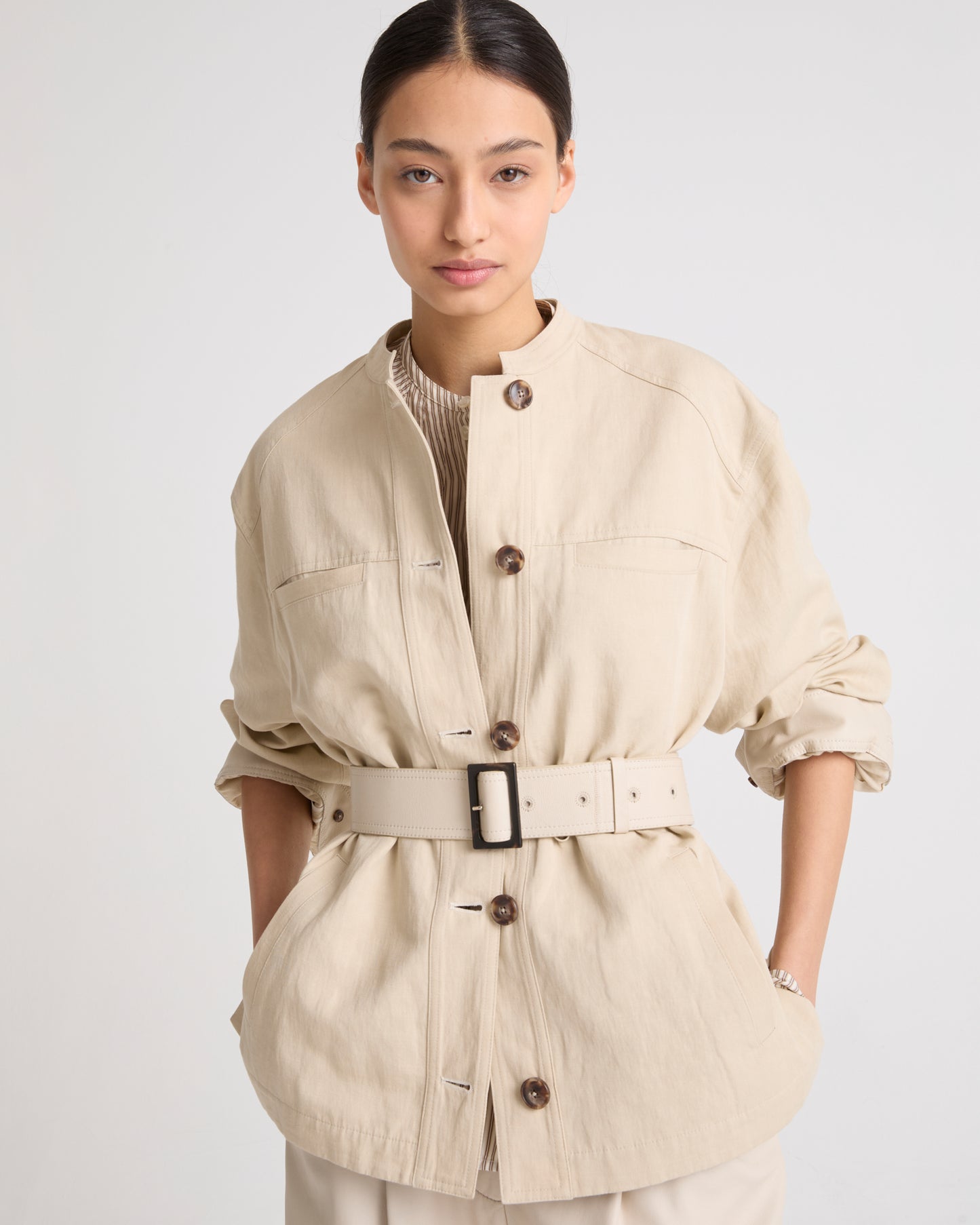 Private sale - Belted jacket in cotton- Linen fabric - beige - Yves Salomon