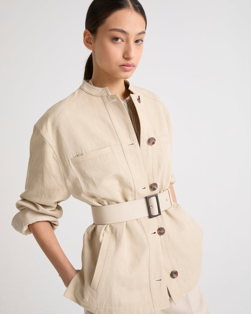 Belted jacket in cotton-linen fabric