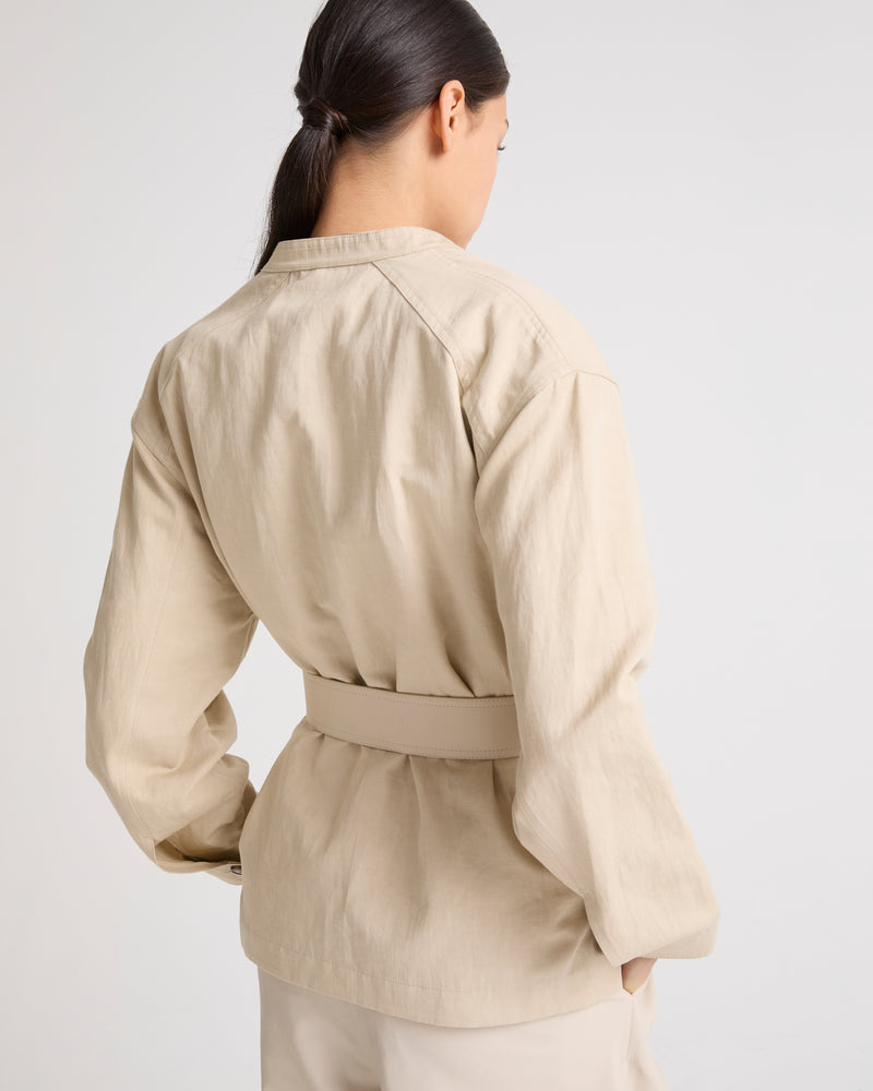 Belted jacket in cotton-linen fabric