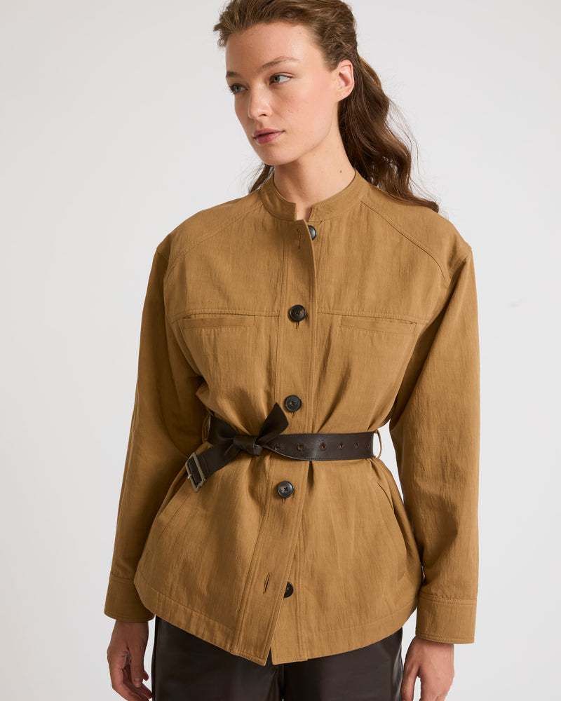 Belted jacket in cotton-linen fabric