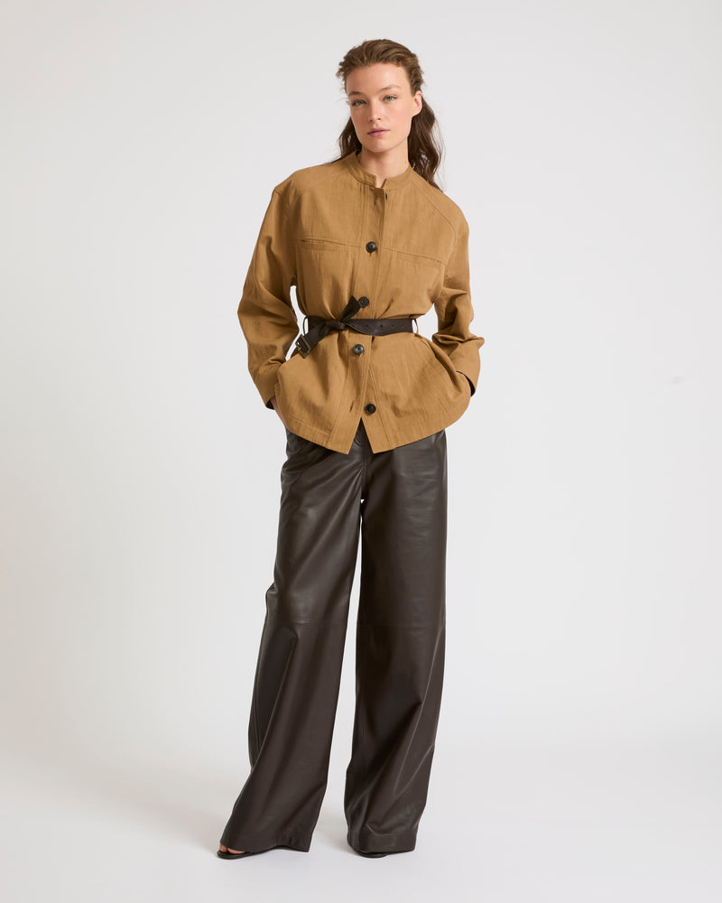 Belted jacket in cotton-linen fabric