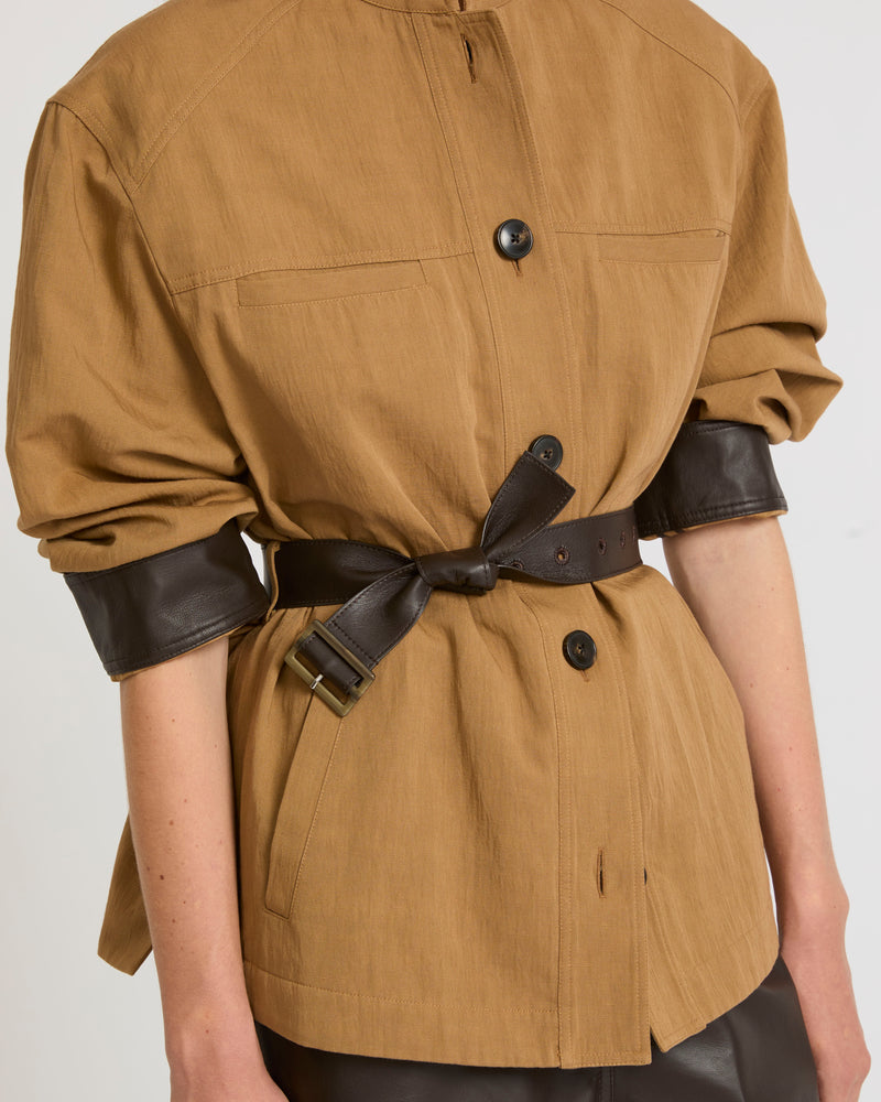 Belted jacket in cotton-linen fabric