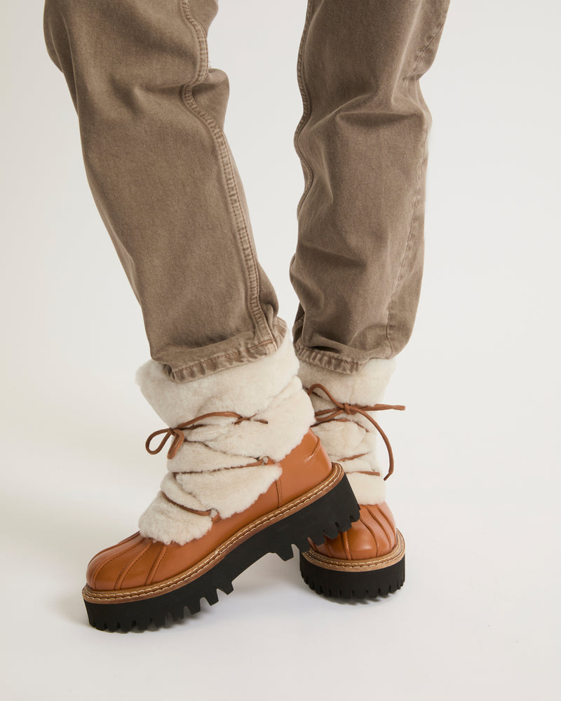 Lace-up mid-length boots in ironed Merino - brown - Yves Salomon